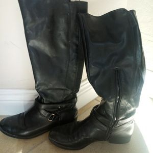 Black faux leather knee length boots